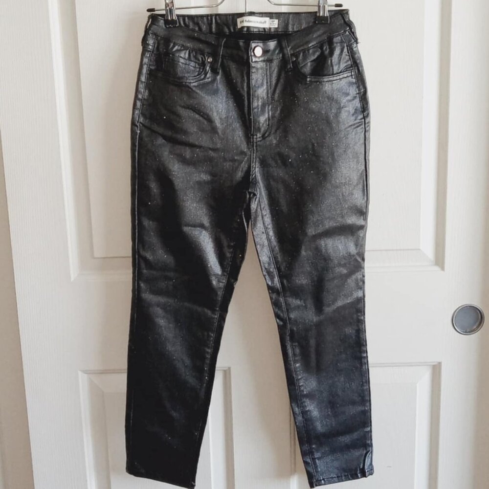 Rebecca Minkoff Petit Black Coated Sparkle Faux Leather Cropped Stretch Pants